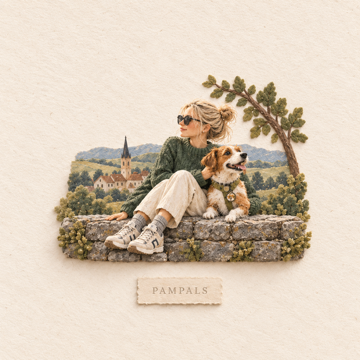 Woman with brown-and-white dog - 3D paper craft collage