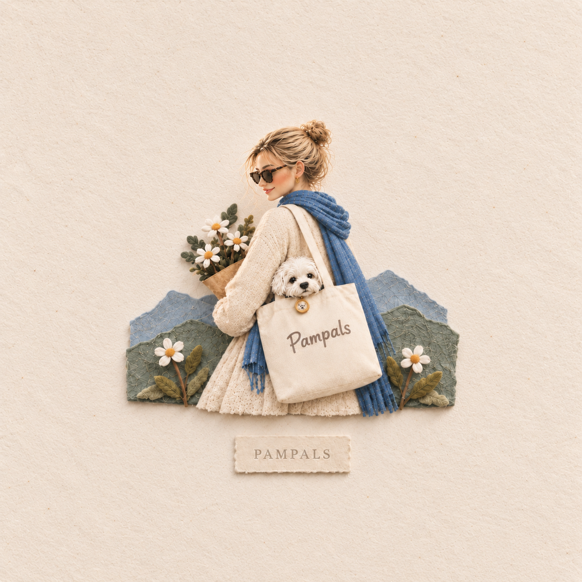 Blonde woman with Pampals tote bag and daisies - paper-cut illustration