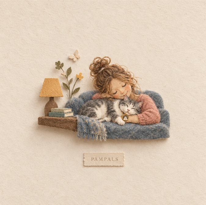 Girl and cat sleeping together - 3D fiber art