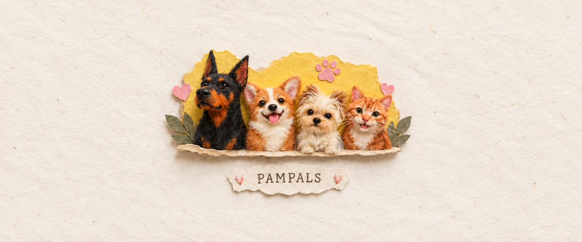 Four needle-felted animal heads on yellow background - PAMPALS banner