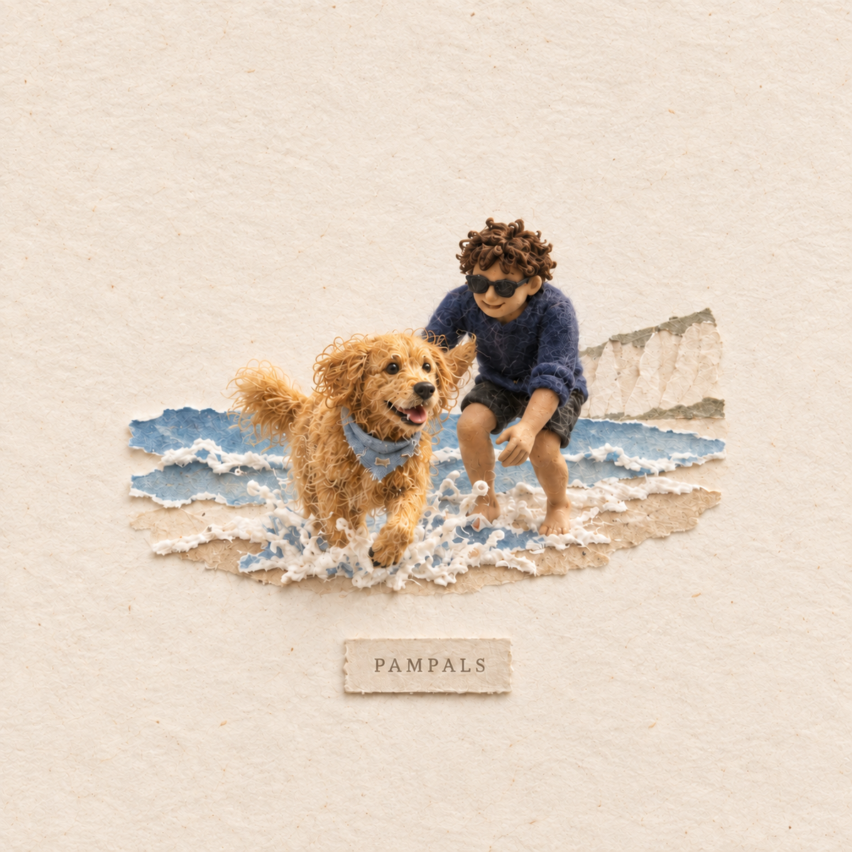 Boy in sunglasses with golden retriever puppy at beach - 3D mixed media
